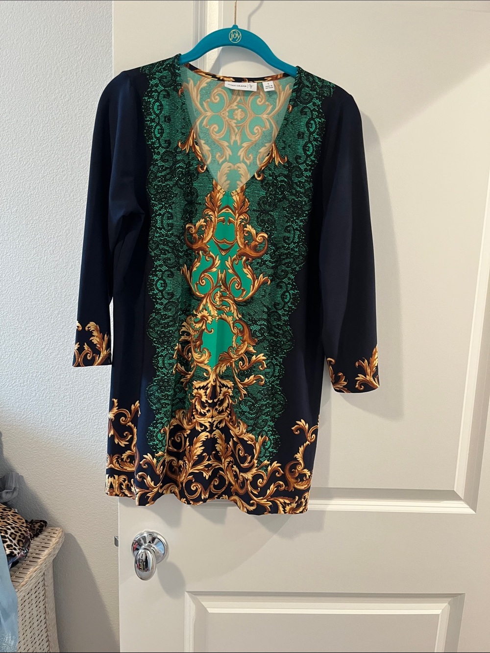 Baroque-Print V-Neck Tunic in Emerald & Navy